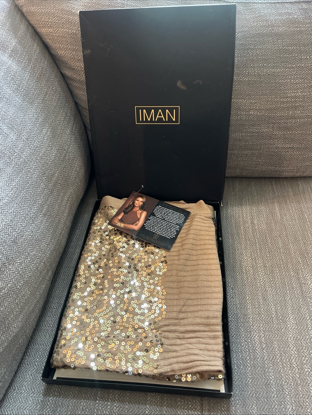 IMAN Global Chic Women's Shawl Scarf Wrap Sequined Gold  25x80” New W Tag In Box